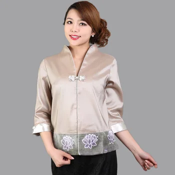 

New Arrival Beige Chinese Women's Satin Shirt Lace Embroidery Blouse Summer Flower Tang Suit Tops Clothing S M L XL XXL WS057