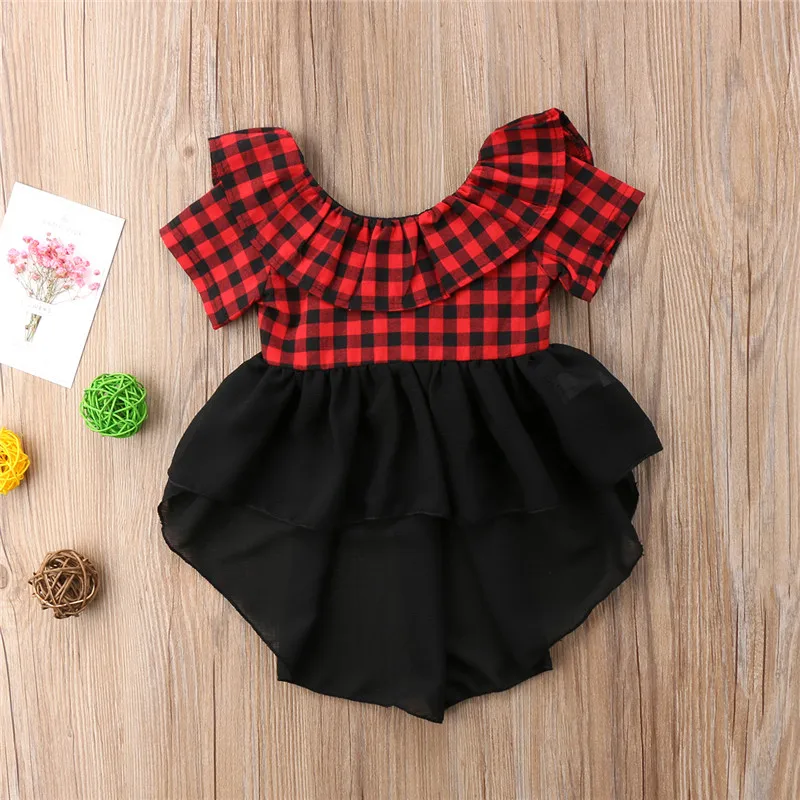 Детская блузка для маленьких девочек Летняя красная блузка в клетку с короткими рукавами топы с круглым вырезом и оборками для девочек с открытой спиной