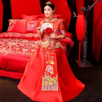 

Ancient Bride Wedding Party Red Dress Gown Vintage Flower Full Length Cheongsam Vestidos Chinese Style Marriage Set Women Qipao