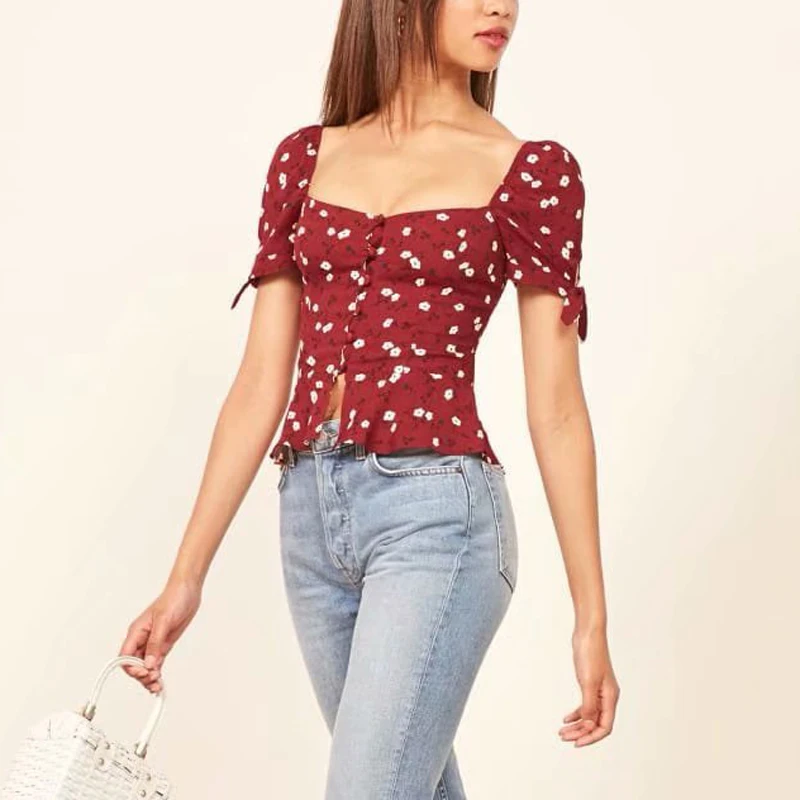 

Women Vintage French Style Short Sleeve Waisted Red Top T-shirt Square Collar Women Short Length Red French Puff Bow Sleeve Tee