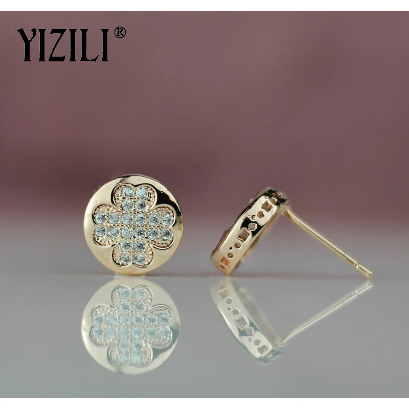 Женские серьги гвоздики с 4 листочками YIZILI из розового золота 585 пробы