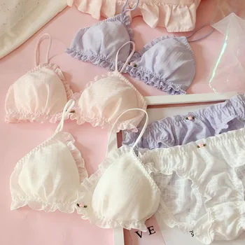 

Mori Girl Rose Cute Japanese Bra & Panties Set Chiffon Wirefree Soft Underwear Sleep Intimates Set Kawaii Lolita 3 Colors