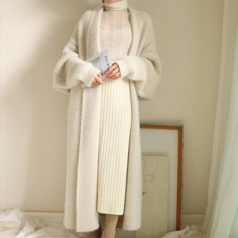 

Synthetic Mink Cashmere Sweater Cardigan Long Women Autumn Winter Batwing Sleeve Knitted Cardigan Thick Oversize Fluffy Sweaters