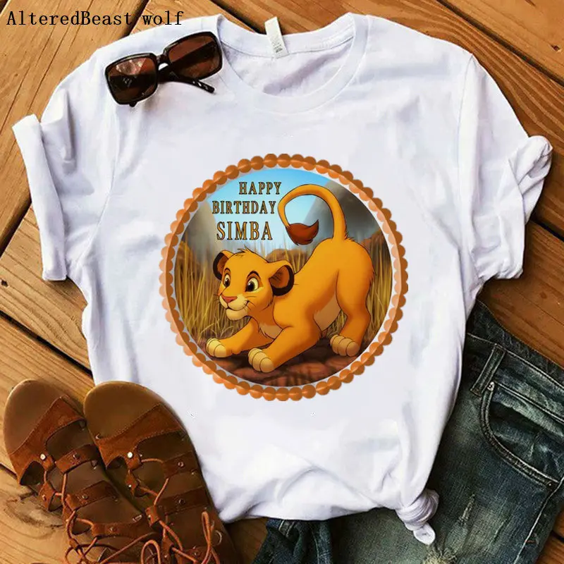 

HAPPY BIRTHDAY SIMBA casual short sleeve lady tees Hakuna Matata T-Shirt women Lion King Summer Soft O-Neck vogue tops tee
