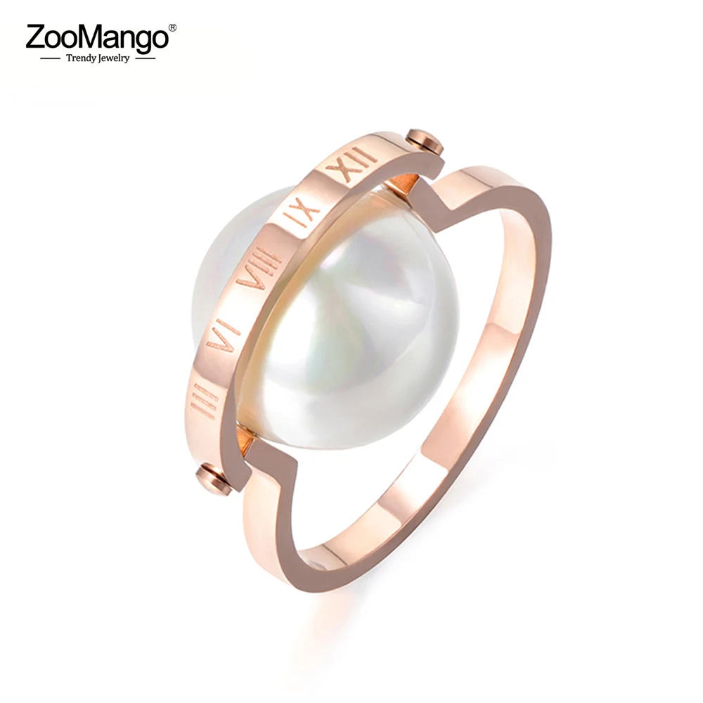 

ZooMango Roman Numerals Pattern White Imitation Pearl Titanium Steel Engagement Wedding Rings For Women Christmas Gifts ZR17058
