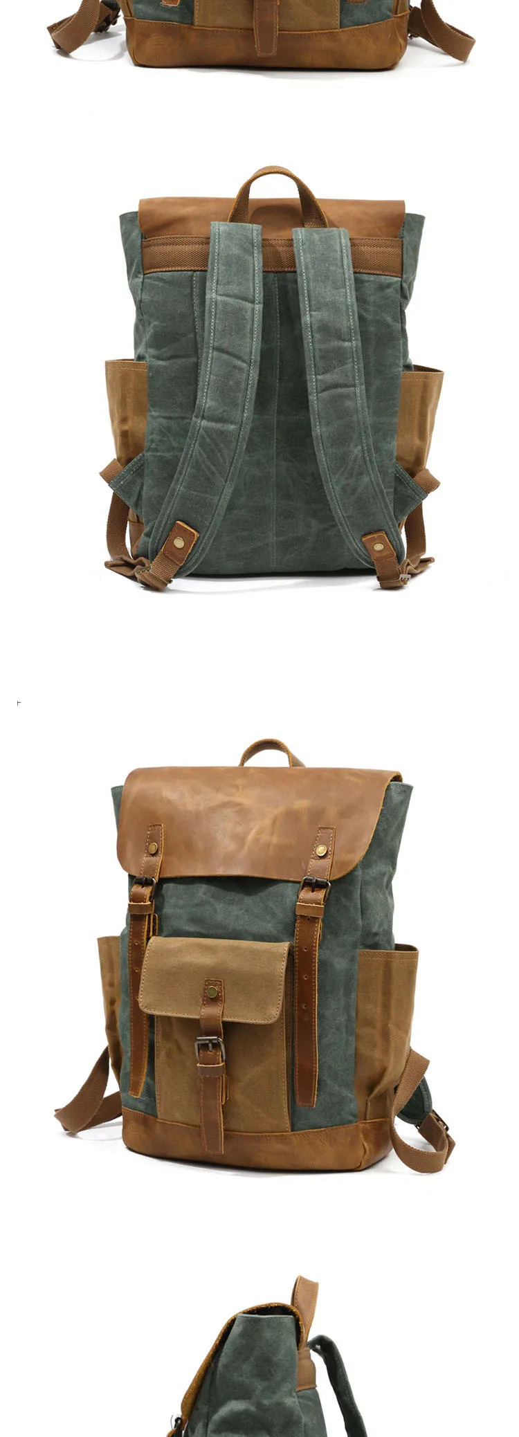 VORDERES DISPLAY und SEITLICHES DISPLAY des Woosir Laptop-Rucksacks aus gewachstem Canvas-Leder