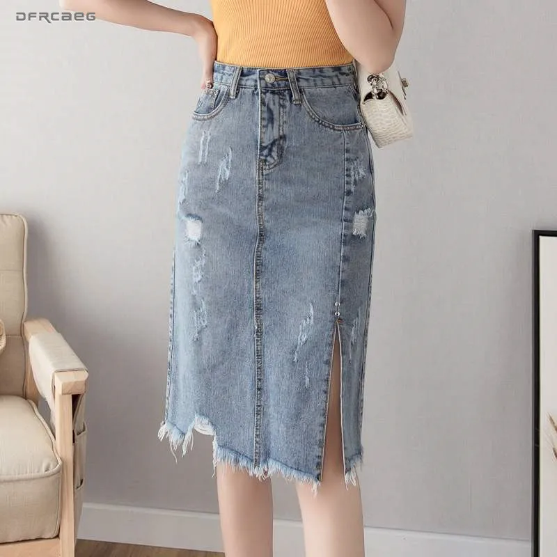 

Irregular Knee-Length Women Skirts Jeans 2019 Summer High Waist Retro Denim Midi Pencil Skirts Casual Split Ladies Saia Jeans