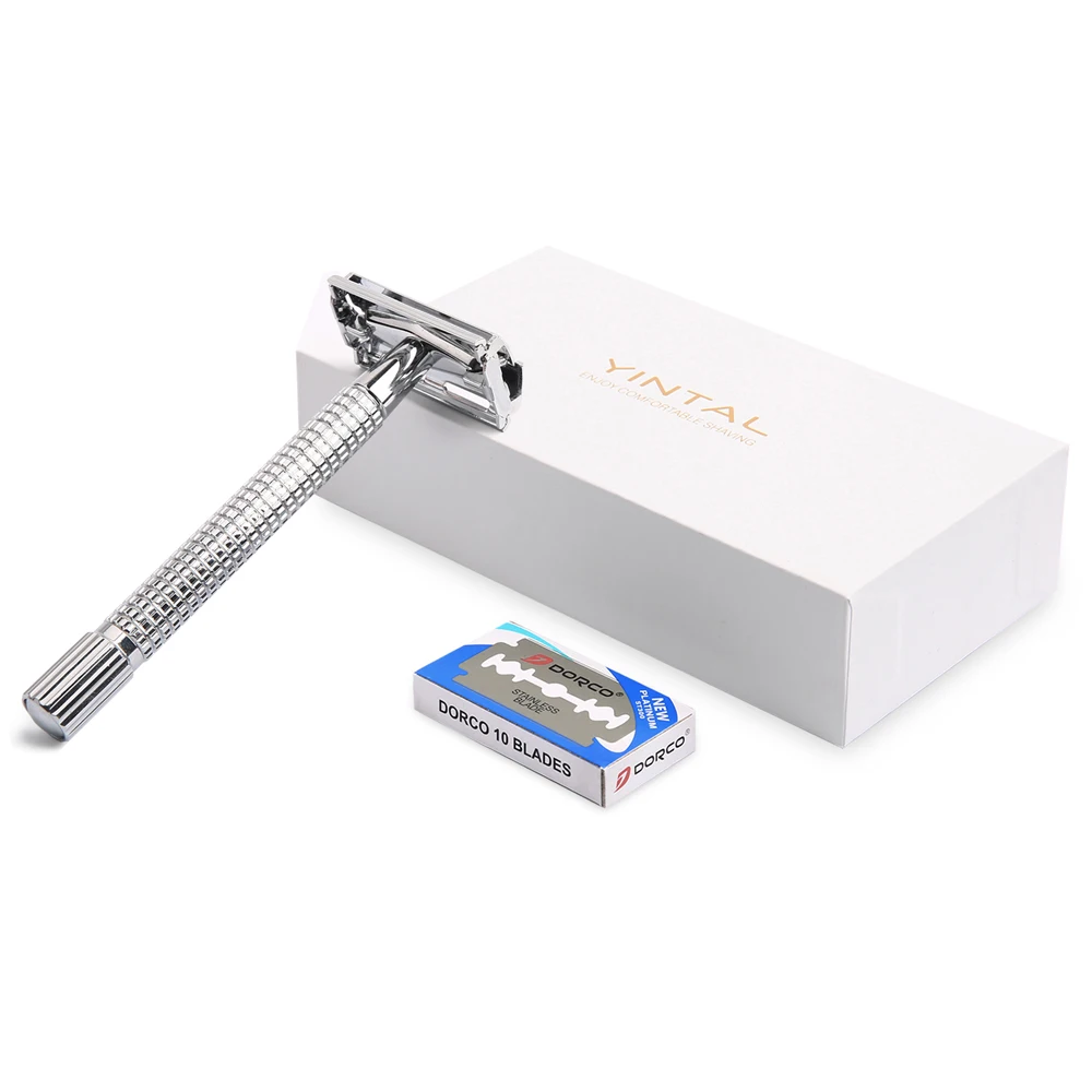 1 Razor 10 Blades Safety Razor Butterfly Manual Men Shaving Chrome Long