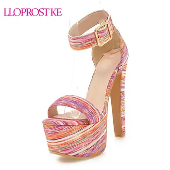 

LLOPROST KE Thick High Heel 16CM Womans Sandals Sexy Fashion Woman Shoes Ladies Buckle Strap Party Shoes Plus Size 30-48 MY342