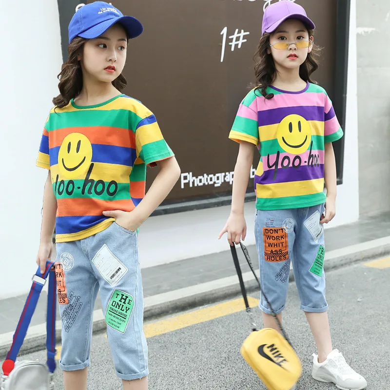 

kids clothes Girls summer suit 2019 new fashion printing cartoon T-shirt cartoon denim shorts two-piece suit children sets