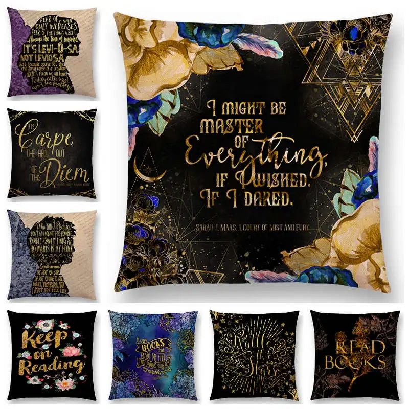 

Newest Beautiful Cushion Cover Black Golden Letters Reading Books Story Text Sofa Throw Pillowcase