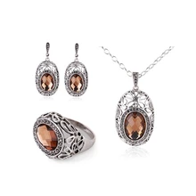 Joyería de moda Vintage Plateado Brown Glass Crystal Mujeres Joyería Fija el Collar Pendiente Set