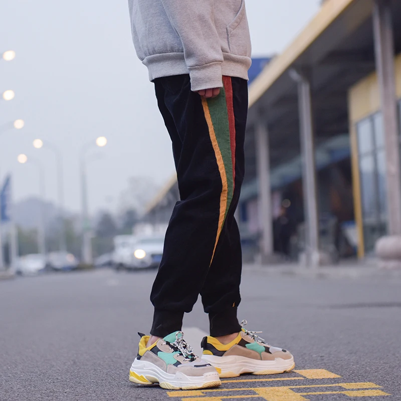 Fashion Casual Men's Cropped Trousers Autumn New M-5XL Corduroy Color Matching Loose Beam Pants Black Personality Youth Popular