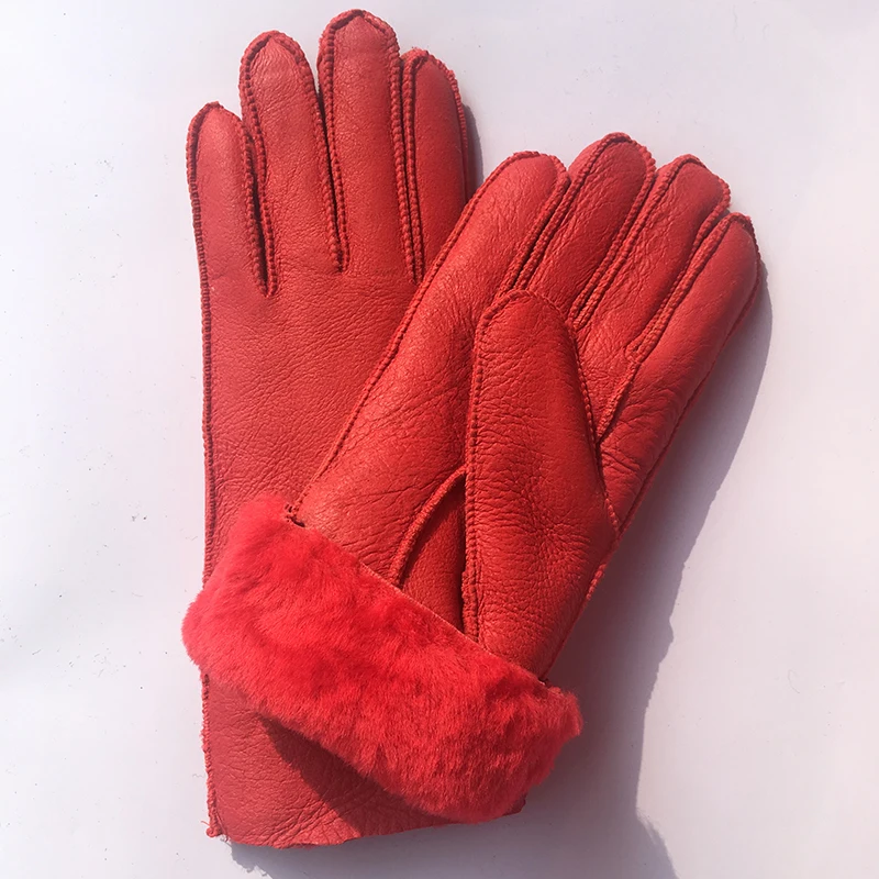 Women Winter Leather Gloves New 100% Real  Leather Gloves Sheepskin Ladies Warm Gloves & Mittens Thicken Hand Warmer Red N32