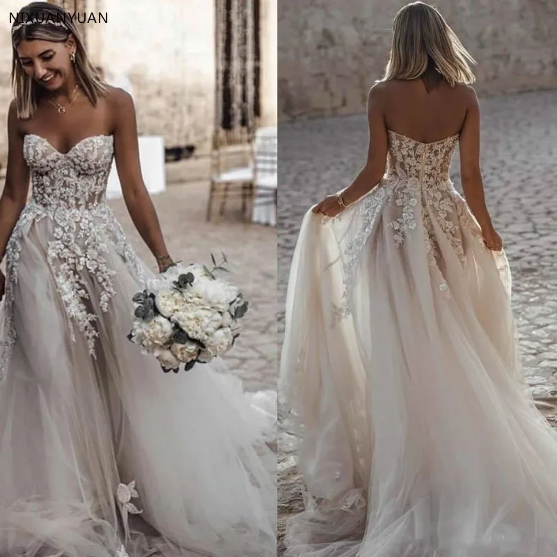 

Sweetheart Sleeveless Beach Wedding Gowns A Line Wedding Dresses Sexy Backless Appliqued Boho Boho Wedding Dress Vestidos