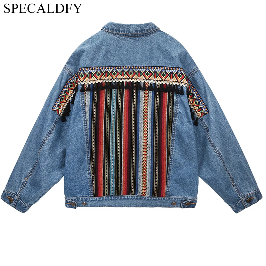 Ethnic Vintage Bohemian Embroidery Denim Jacket Women Basic Coats Ladies Plus Size Jeans Coat Outwear Jackets Chaqueta Mujer