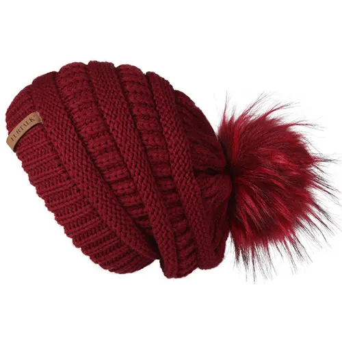 FURTALK шапка бини для осени зимы шапка для женщин вязаная помпон мешковатая шапка бини Skullies для женщин черная красная желтая шапка - Цвет: Wine red