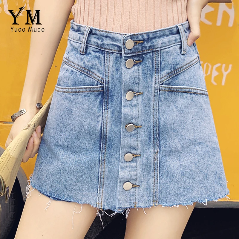 YuooMuoo, однобортная Корейская летняя юбка, шорты для женщин,, высокая талия, карман, джинсовые шорты, Ретро стиль, потертая юбка с бахромой