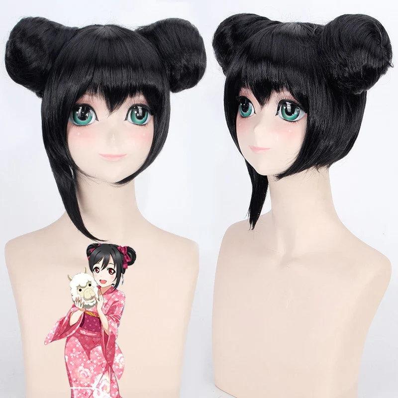 

LoveLive! Niko Yazawa Cosplay Wigs for Women Female Fake Hair Short Straight High Quality Synthetic Hair with Two Buns Black