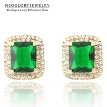 Neoglory, австрийские стразы, круглый зеленый циркониевый светильник, желтое золото, серьги-гвоздики, ювелирное изделие для женщин, квадратный дизайн, новинка