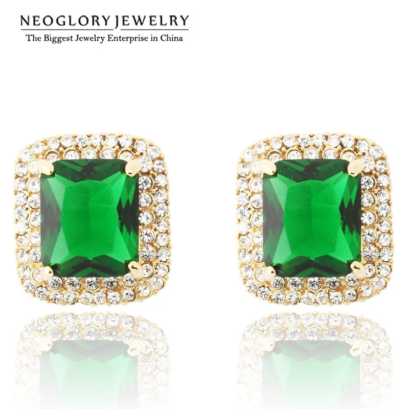 

Neoglory Austrian Rhinestone Around Green Zircon Light Yellow Gold Color Stud Earrings Jewelry For Women Square Design 2018 New