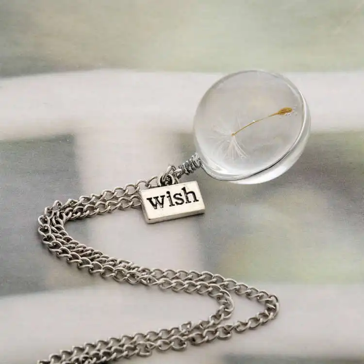Real Dandelion Crystal Necklace Glass Round Pendants Necklace with Wish Charm Chain Choker Necklace For Women - Image 3
