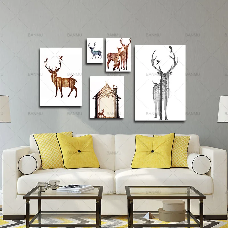 

Picture nordic poster canvas painting Silhouette of Deer Family with Pine Forest Canvas Art Print Painting Poster Wall Picture