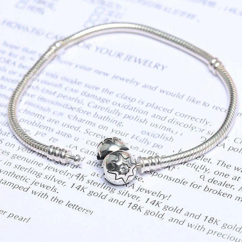 

100% 925 Sterling Silver Bead Charm Snake Chain Fit Original Pandora Bracelet with Sparkling Star Clasp for Women DIY Jewelry