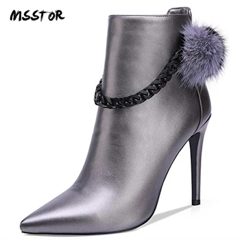 

Msstor Pointed Toe Ankle Boots For Women Fur Zipper Fashion Office Black Boots Thin Heels Ladies Heels Winter Sliver Ankle Boots