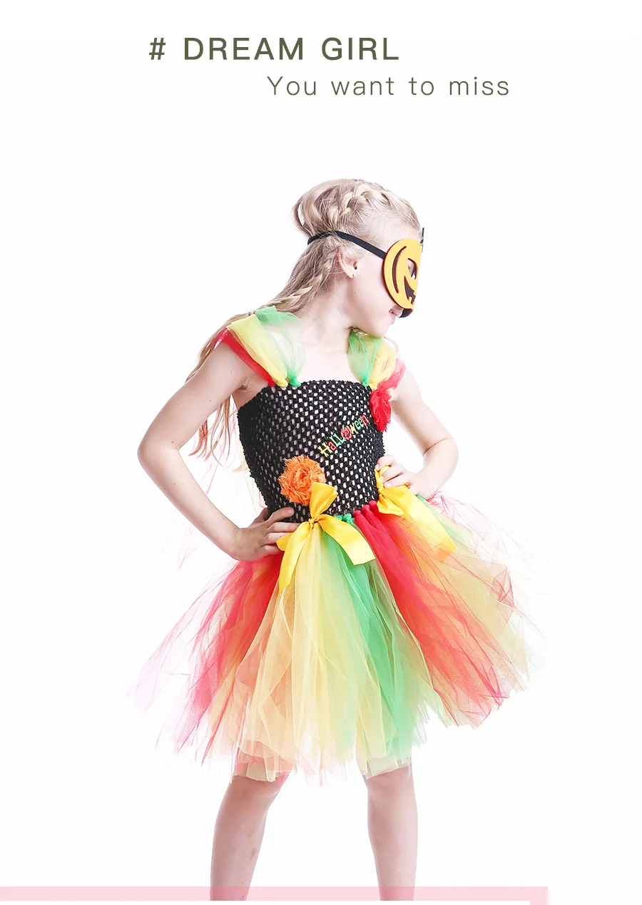 Rainbow Style Girls Halloween Tutu Dress with Pumpkin Mask Handmade Kids Birthday Dress Baby Girl Cosplay Costume Vestidos (6)