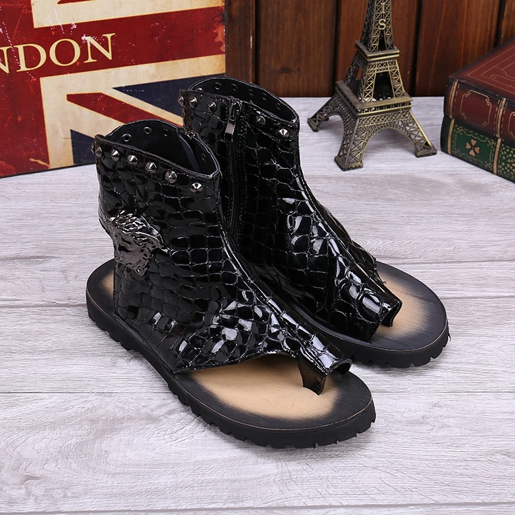 

2017 spring summer flip-flop sandals Rome style open toe rivets zipper ankle sandal boots for men black real leather sandals men