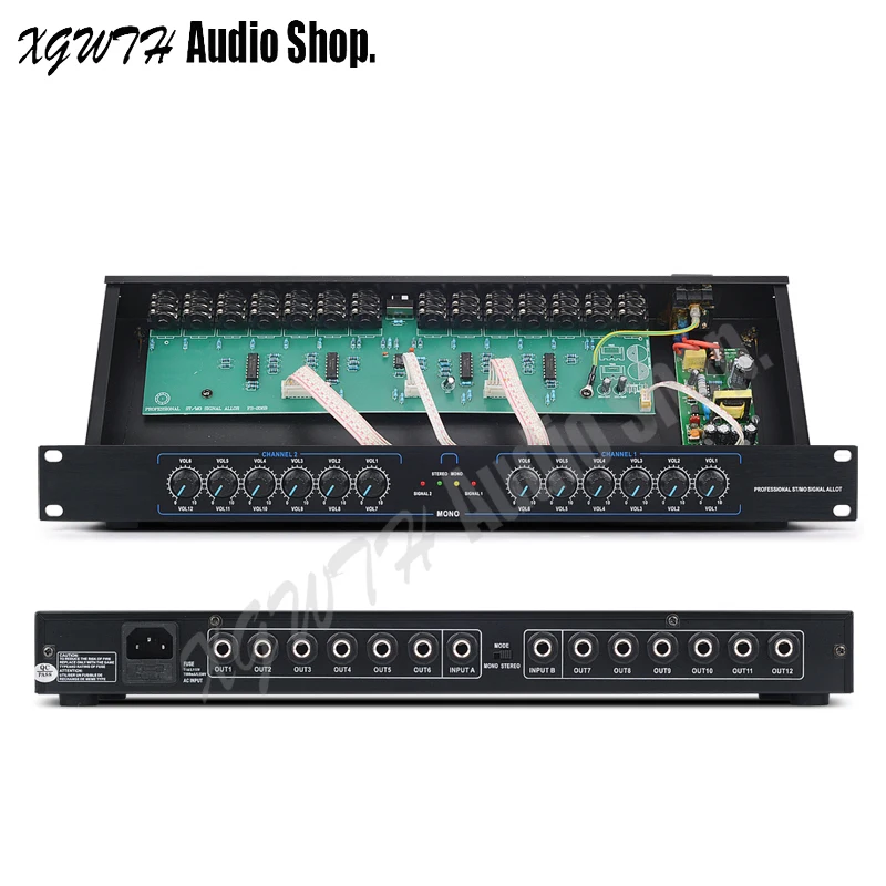 

2 in 12 out 6.5mm Audio Signal Splitter Amplifier Distributor with Cables Volume Level Adjusted Individually for DJ Stage Mic