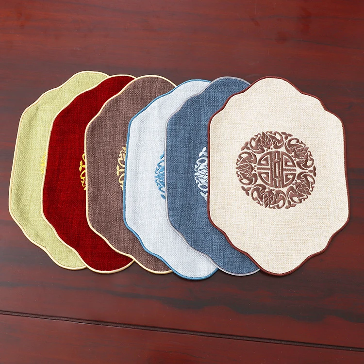 Fine Embroidery Joyous Chinese Linen Placemat Cotton Bowl Plate Pallet