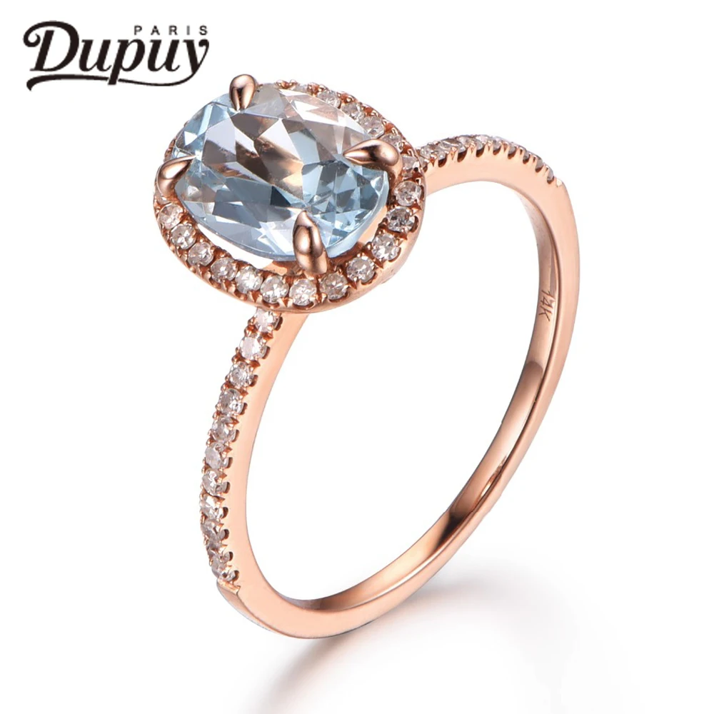 

Dupuy VS 6*8mm Oval Cut Aquamarine Birthstone Ring 14K Rose Gold Gemstone Anniversary Engagement Ring Halo Diamonds