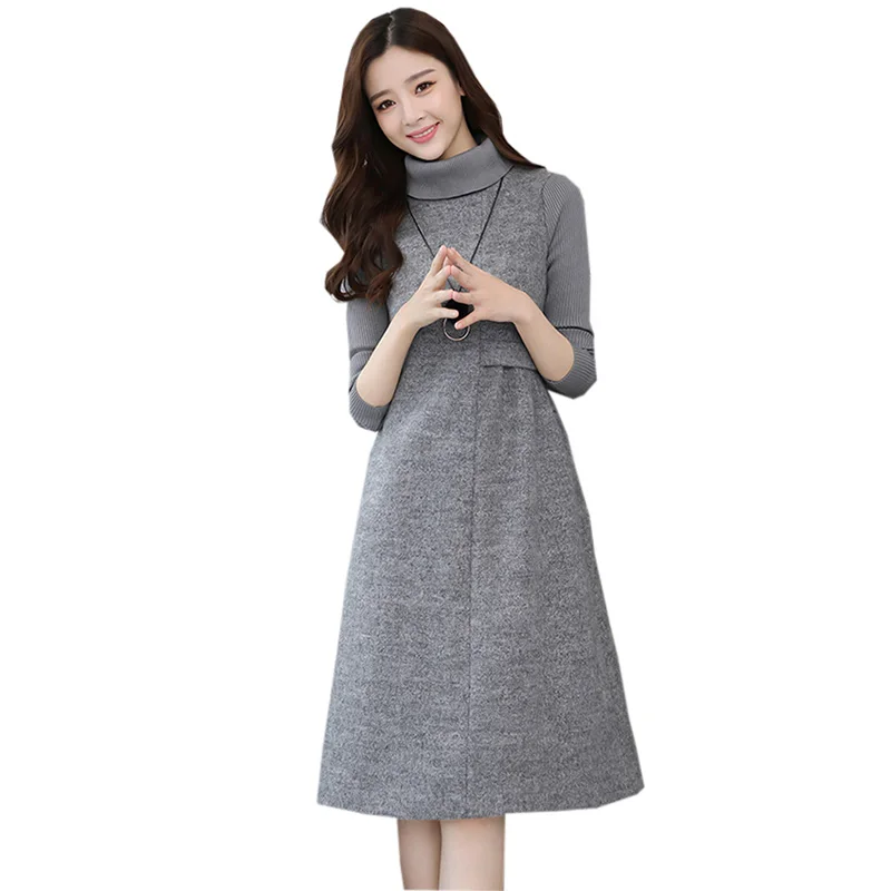 

Women Woolen Dresses Woolen Turtleneck Slim Knitted Blends Dress Spring Autumn Female Casual Gray Bottom Dresses FP1565