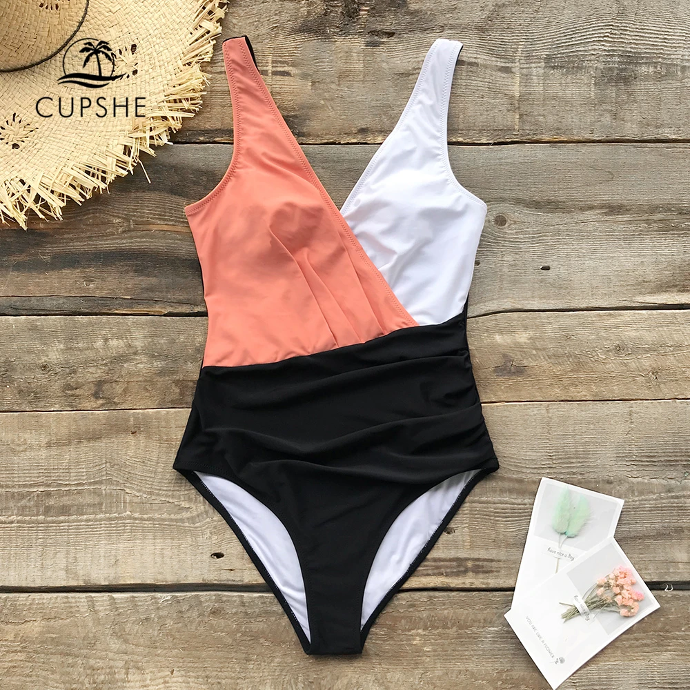 Billige CUPSHE Rosa Weiß Und Schwarz Farbe block Einteiliges Badeanzug Frauen Sexy Monokini Bademode 2020 Mädchen Strand Badeanzüge