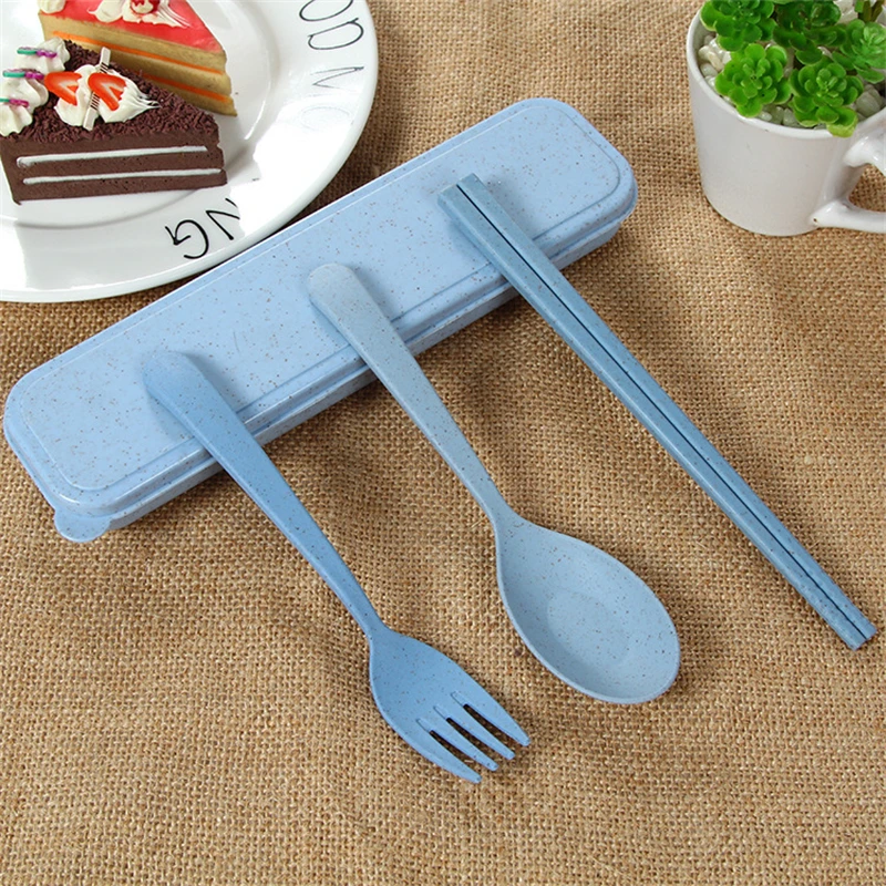 VOGVIGO 3pc Portable Cutlery Set Wheat Stalks Material Long-Term tableware set With Storage Box Simple-Style Tableware