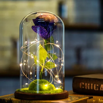 

Glittery Artificial Silk Rose Flower and LED Light String in Glass Dome On Wood Base The Best Gift for Valentine Mother's Day