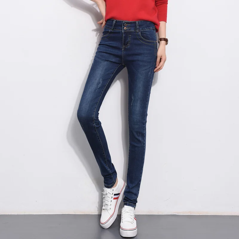 Vintage Mom Fit High Waist Jeans Elastic Femme Women Washed Blue Denim Skinny Jeans Classic 