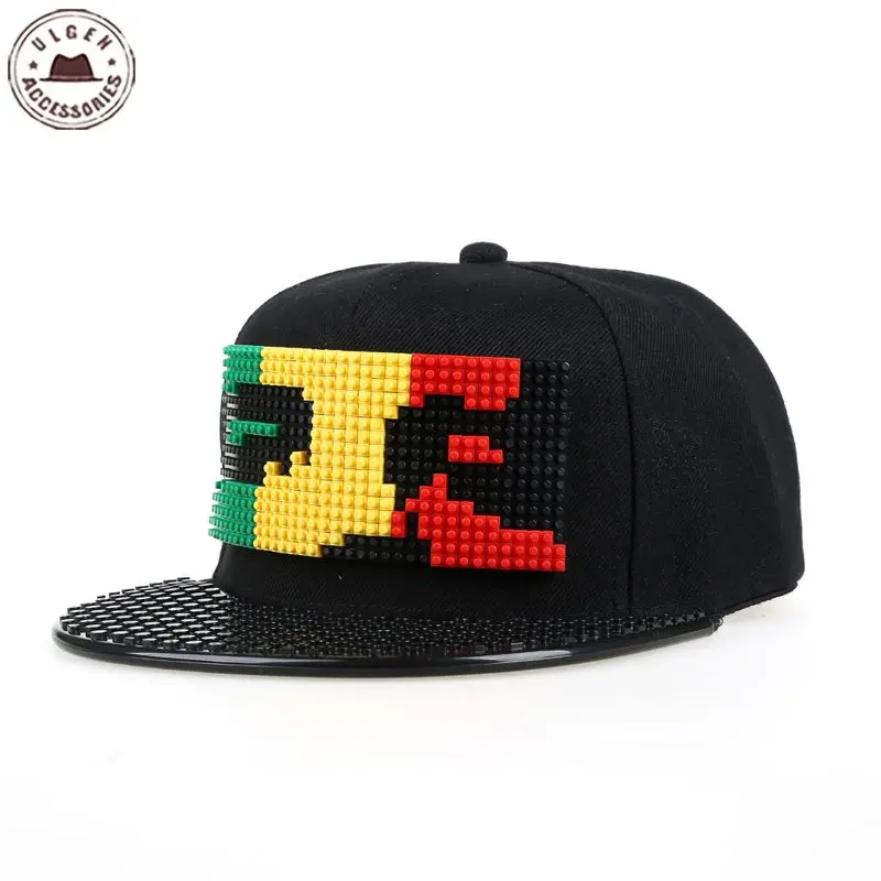 Online Nuevo rompecabezas juegos bloques DIY legos gorra de béisbol Bob Marley píxeles superhéroe papá sombreros gorra Snapback para hombres y mujeres desmontable