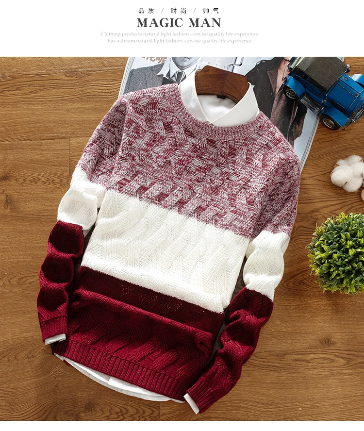 Зимний мужской свитер, плюс размер, свитер с длинными рукавами, мужской свитер, мозаичная Корейская версия, приталенная Повседневная рубашка, 341-P28