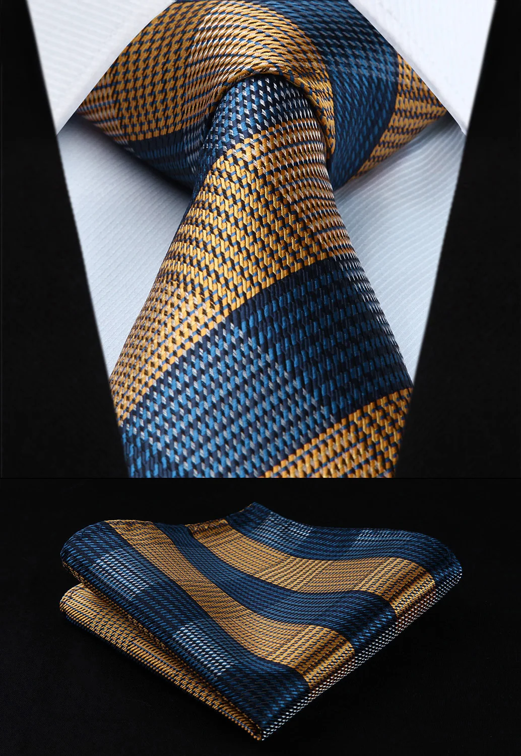 

TG601Y8S Yellow Blue Check 3.4" Silk Woven Men Tie Necktie Handkerchief Set
