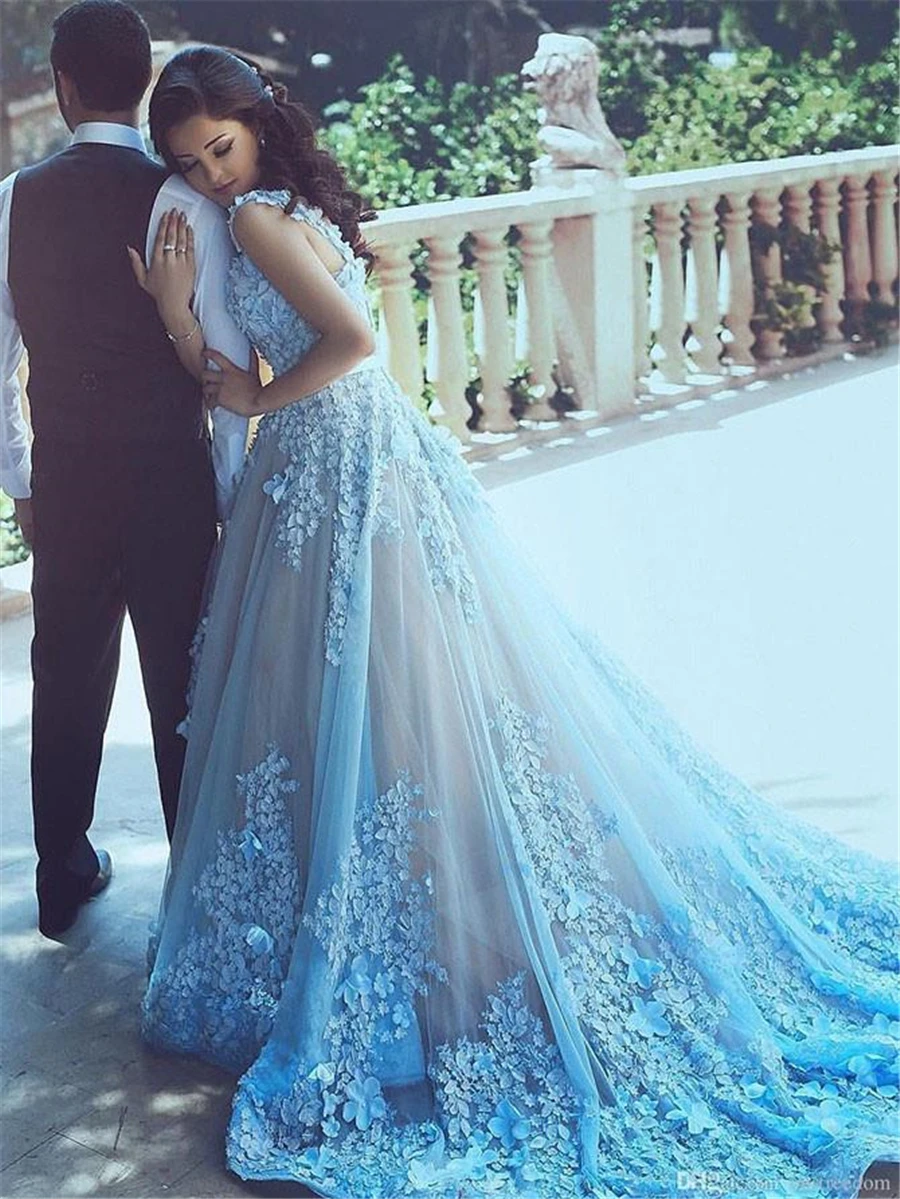 

A-line Straps Tulle Appliques Prom Dress Blue 3D Lace Champagne Lace inside Evening Gowns vestido formatura curto