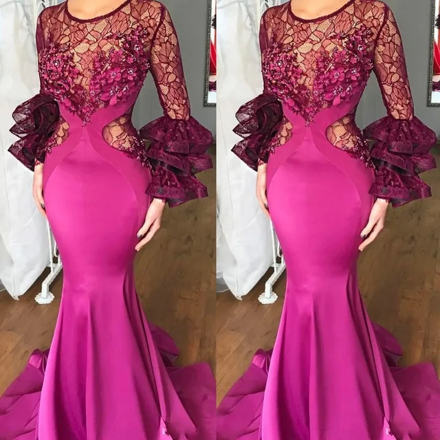 

Fuchsia Muslim Evening Dresses 2019 Mermaid Long Sleeves Lace Flowers Beaded Islamic Dubai Saudi Arabic Long Evening Gown Prom
