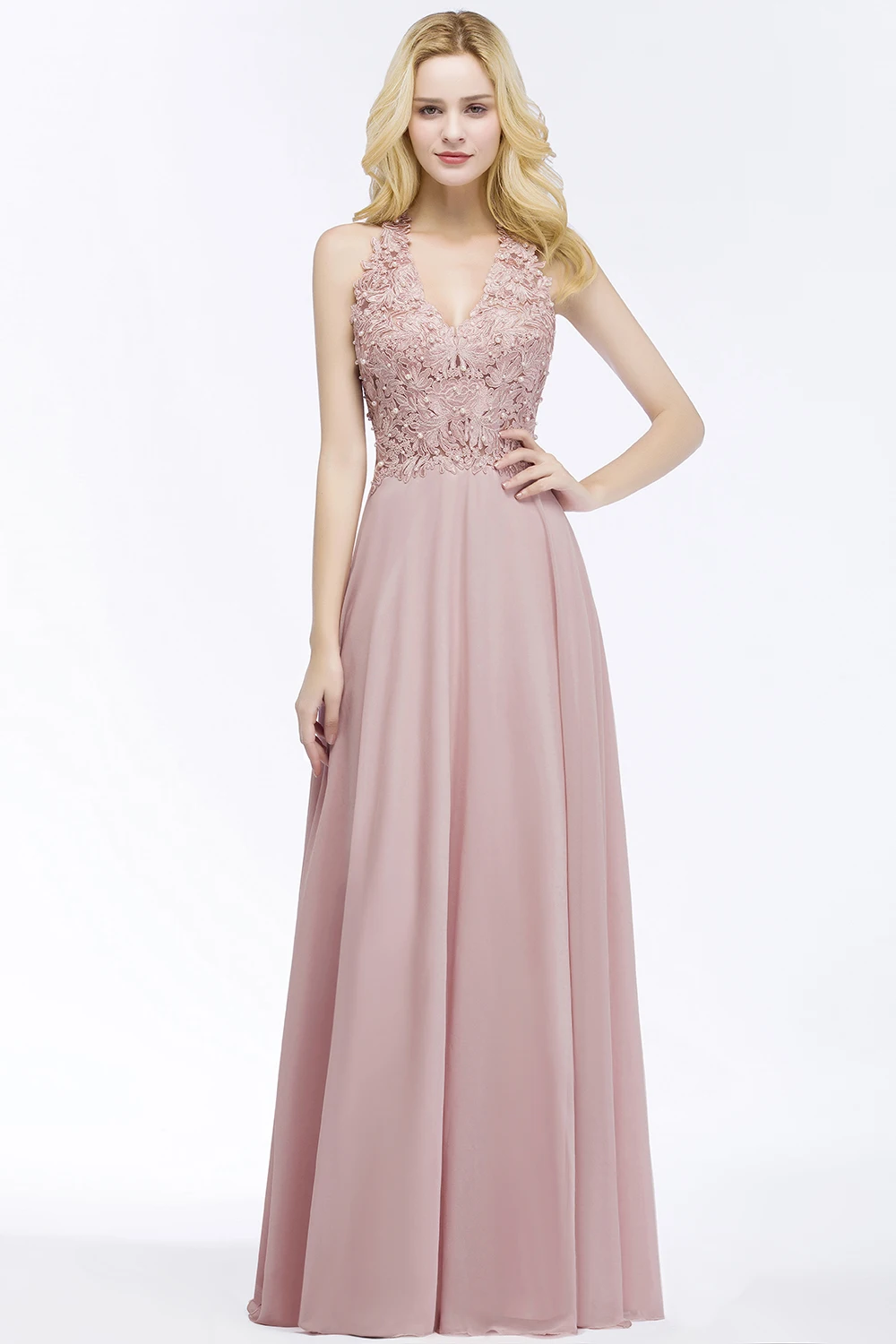 Robe demoiselle d'honneur Sexy V Neck Dusty Pink Lace Bridesmaid Dresses Long A Line Chiffon Pears Formal Prom Party Gowns