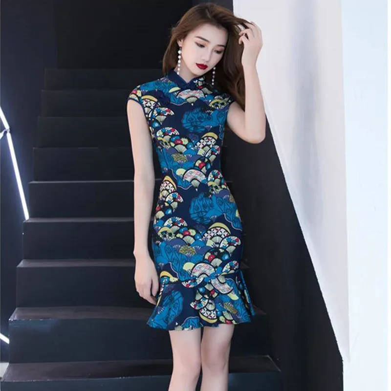 

Improved cheongsam fishtail dress 2019 new summer fashion atmosphere slim slimming banquet party dress