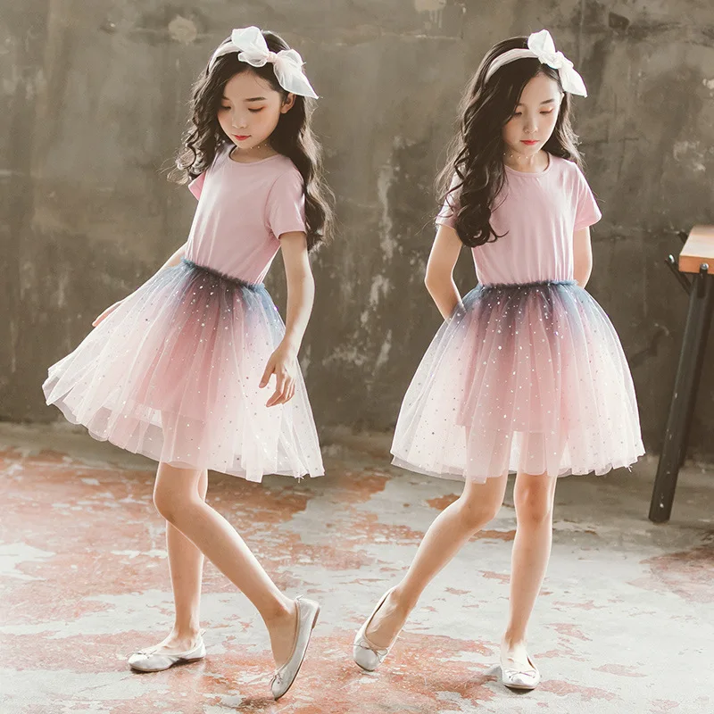 

2019 Kids summer Girls princess party dress stars sequins short sleeves tulle dress vetement enfant fille For 8 10 12 14 Years