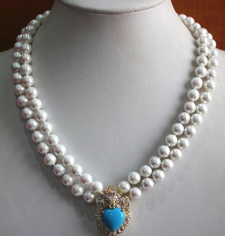 

wholesales/retail simply style 2 rows 18inches 8mm white pearl necklace+ blue jade crystal plated pendant
