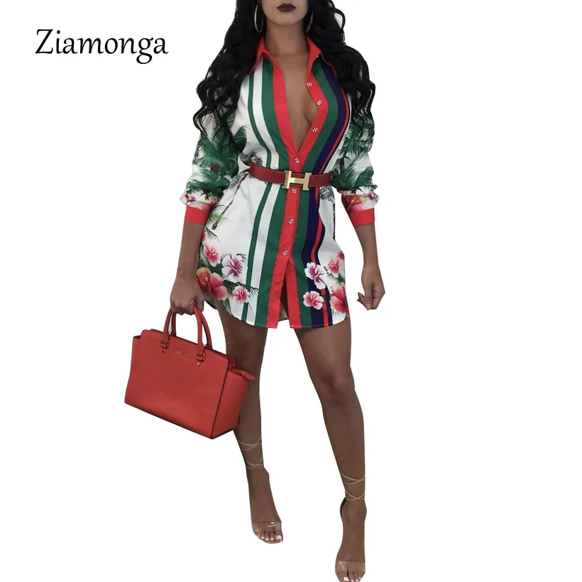 

Ziamonga Floral Print Sexy T Shirt Dress Women Turn-Down Collar Long Sleeve Mini Loose Dress Casual Vintage Plus Size Dress 2019