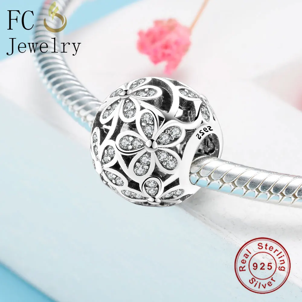 Красивый ажурный Шарм-бусины в виде цветка CZ 925 серебро Подходит Pandora талисманы браслет Европейский Berloque для изготовления ювелирных изделий